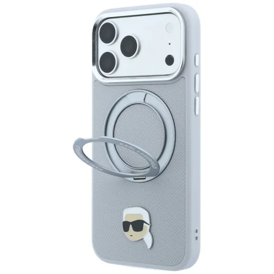 Калъф за iPhone 18 Pro / iPhone 17 Pro - Saffiano Ring Stand 360° K. Head Pin (KLHMP18LPSRSKLHG) - Karl Lagerfeld - Сив