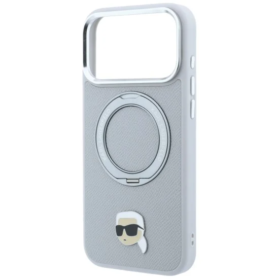Калъф за iPhone 18 Pro / iPhone 17 Pro - Saffiano Ring Stand 360° K. Head Pin (KLHMP18LPSRSKLHG) - Karl Lagerfeld - Сив