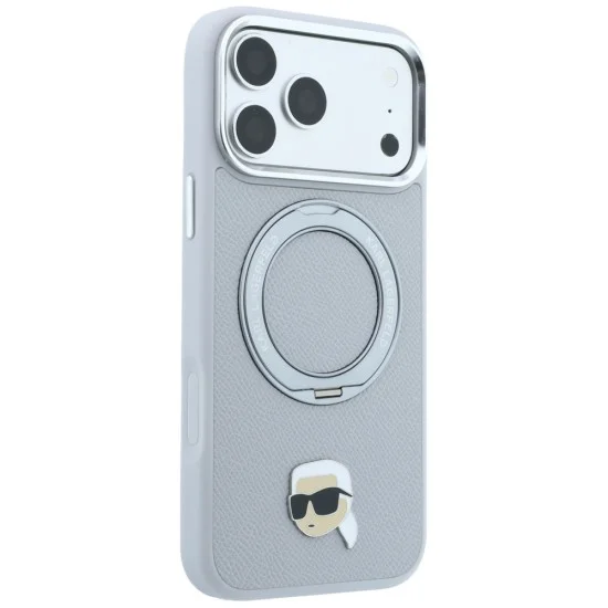 Калъф за iPhone 18 Pro / iPhone 17 Pro - Saffiano Ring Stand 360° K. Head Pin (KLHMP18LPSRSKLHG) - Karl Lagerfeld - Сив