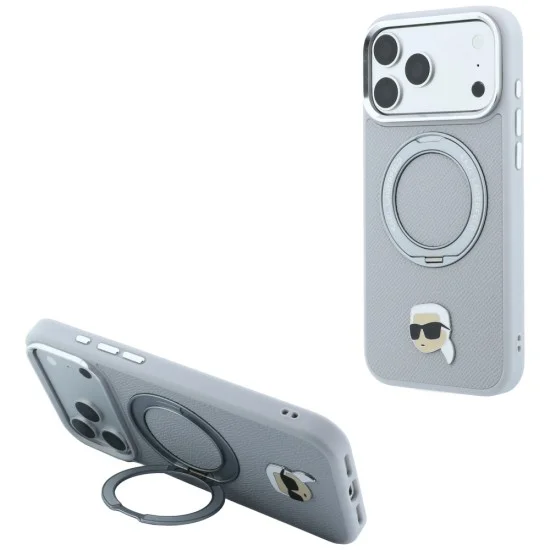 Калъф за iPhone 18 Pro / iPhone 17 Pro - Saffiano Ring Stand 360° K. Head Pin (KLHMP18LPSRSKLHG) - Karl Lagerfeld - Сив