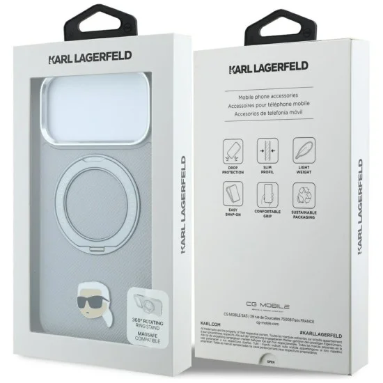 Калъф за iPhone 18 Pro / iPhone 17 Pro - Saffiano Ring Stand 360° K. Head Pin (KLHMP18LPSRSKLHG) - Karl Lagerfeld - Сив