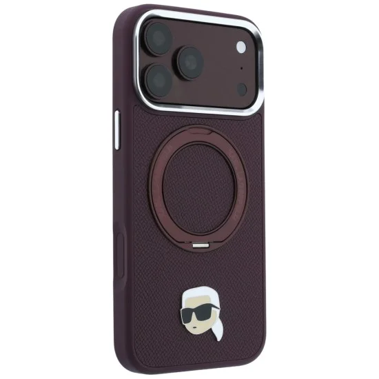 Калъф за iPhone 18 Pro / iPhone 17 Pro - Saffiano Ring Stand 360° K. Head Pin (KLHMP18LPSRSKLHR) - Karl Lagerfeld - Бордо