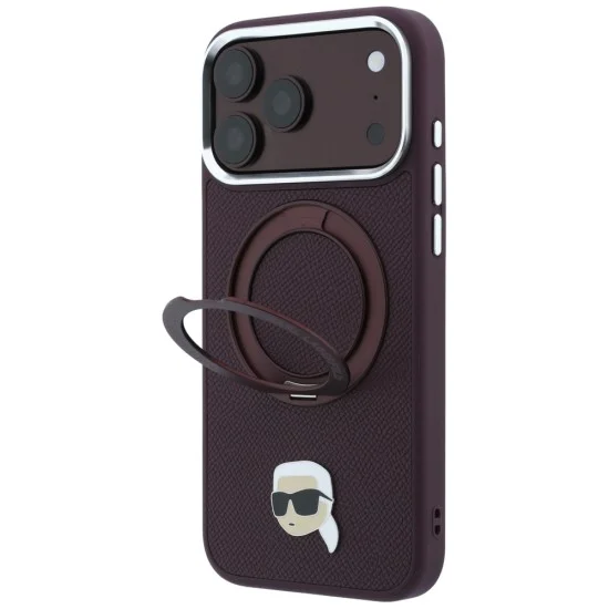 Калъф за iPhone 18 Pro / iPhone 17 Pro - Saffiano Ring Stand 360° K. Head Pin (KLHMP18LPSRSKLHR) - Karl Lagerfeld - Бордо