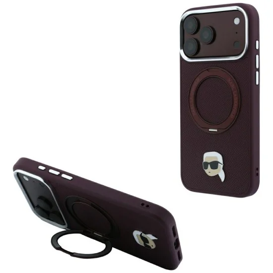 Калъф за iPhone 18 Pro / iPhone 17 Pro - Saffiano Ring Stand 360° K. Head Pin (KLHMP18LPSRSKLHR) - Karl Lagerfeld - Бордо
