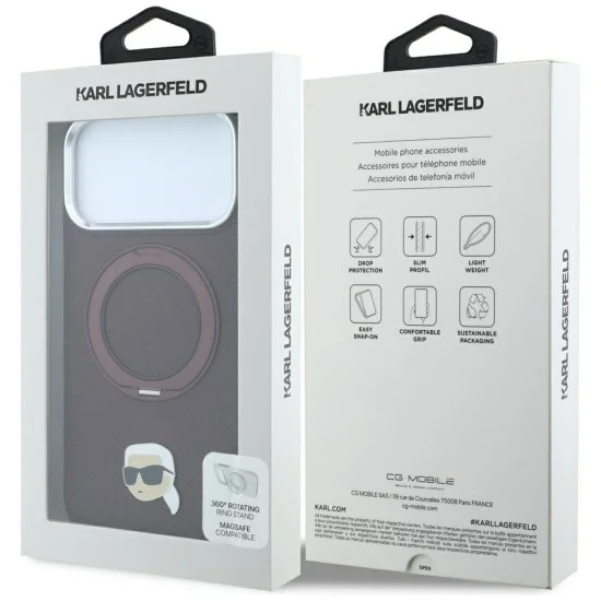 Калъф за iPhone 18 Pro / iPhone 17 Pro - Saffiano Ring Stand 360° K. Head Pin (KLHMP18LPSRSKLHR) - Karl Lagerfeld - Бордо