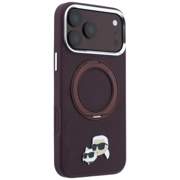 Калъф за iPhone 18 Pro / iPhone 17 Pro - Saffiano Ring Stand 360° KC Heads Pin (KLHMP18LPSRSKCHR) - Karl Lagerfeld - Бордо