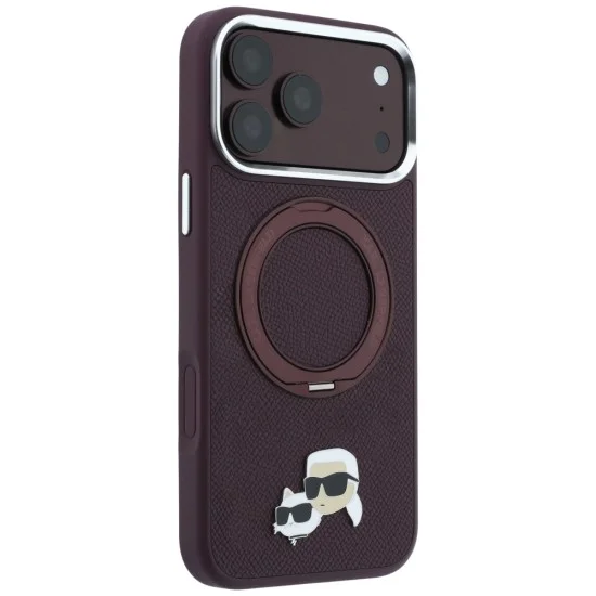 Калъф за iPhone 18 Pro / iPhone 17 Pro - Saffiano Ring Stand 360° KC Heads Pin (KLHMP18LPSRSKCHR) - Karl Lagerfeld - Бордо