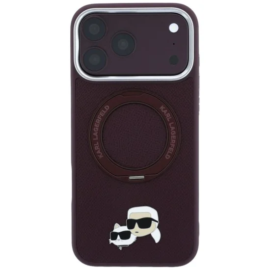 Калъф за iPhone 18 Pro / iPhone 17 Pro - Saffiano Ring Stand 360° KC Heads Pin (KLHMP18LPSRSKCHR) - Karl Lagerfeld - Бордо