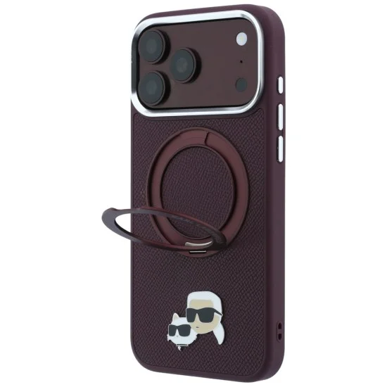 Калъф за iPhone 18 Pro / iPhone 17 Pro - Saffiano Ring Stand 360° KC Heads Pin (KLHMP18LPSRSKCHR) - Karl Lagerfeld - Бордо