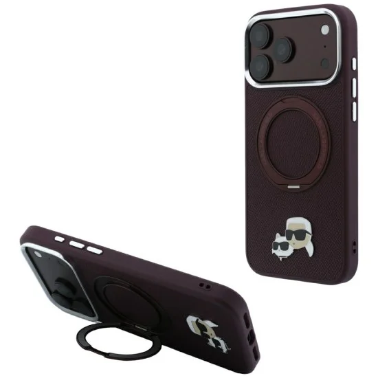 Калъф за iPhone 18 Pro / iPhone 17 Pro - Saffiano Ring Stand 360° KC Heads Pin (KLHMP18LPSRSKCHR) - Karl Lagerfeld - Бордо