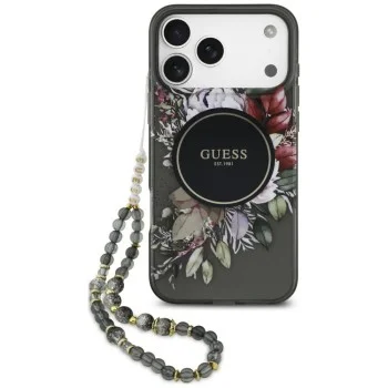 Калъф за iPhone 18 Pro / iPhone 17 Pro - IML Flowers with Pearl Strap MagSafe - Guess - Черен