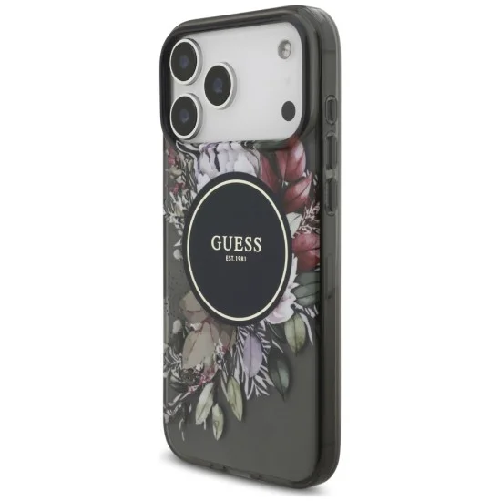 Калъф за iPhone 18 Pro / iPhone 17 Pro - IML Flowers with Pearl Strap MagSafe - Guess - Черен