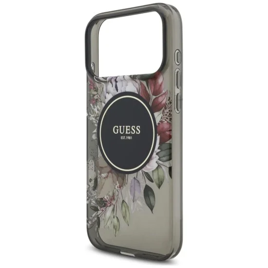Калъф за iPhone 18 Pro / iPhone 17 Pro - IML Flowers with Pearl Strap MagSafe - Guess - Черен