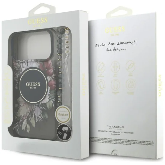 Калъф за iPhone 18 Pro / iPhone 17 Pro - IML Flowers with Pearl Strap MagSafe - Guess - Черен