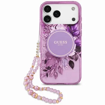 Калъф за iPhone 18 Pro / iPhone 17 Pro - IML Flowers with Pearl Strap MagSafe - Guess - Лилав