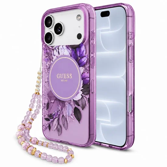 Калъф за iPhone 18 Pro / iPhone 17 Pro - IML Flowers with Pearl Strap MagSafe - Guess - Лилав