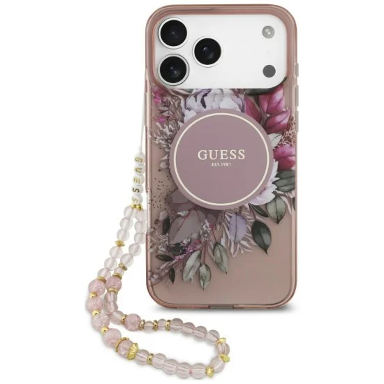 Калъф за iPhone 18 Pro / iPhone 17 Pro - IML Flowers with Pearl Strap MagSafe - Guess - Розов