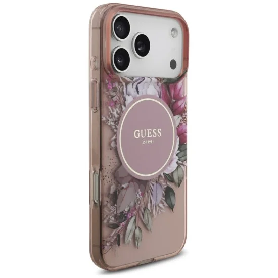 Калъф за iPhone 18 Pro / iPhone 17 Pro - IML Flowers with Pearl Strap MagSafe - Guess - Розов