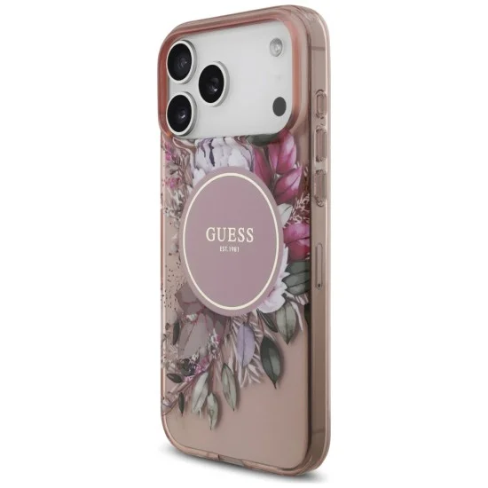 Калъф за iPhone 18 Pro / iPhone 17 Pro - IML Flowers with Pearl Strap MagSafe - Guess - Розов