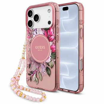 Калъф за iPhone 18 Pro / iPhone 17 Pro - IML Flowers with Pearl Strap MagSafe - Guess - Розов