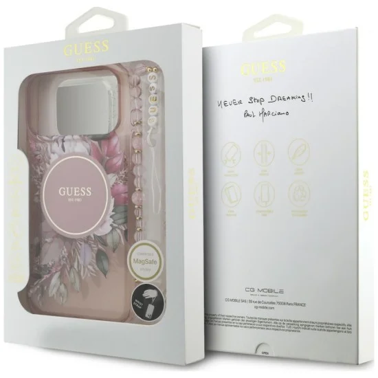 Калъф за iPhone 18 Pro / iPhone 17 Pro - IML Flowers with Pearl Strap MagSafe - Guess - Розов