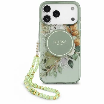 Калъф за iPhone 18 Pro / iPhone 17 Pro - IML Flowers with Pearl Strap MagSafe - Guess - Зелен
