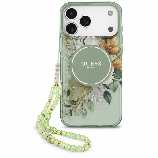 Калъф за iPhone 18 Pro / iPhone 17 Pro - IML Flowers with Pearl Strap MagSafe - Guess - Зелен