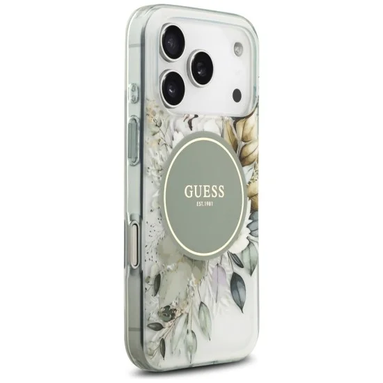 Калъф за iPhone 18 Pro / iPhone 17 Pro - IML Flowers with Pearl Strap MagSafe - Guess - Зелен