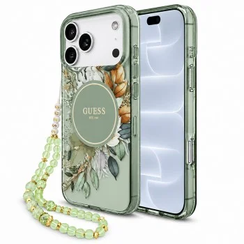 Калъф за iPhone 18 Pro / iPhone 17 Pro - IML Flowers with Pearl Strap MagSafe - Guess - Зелен