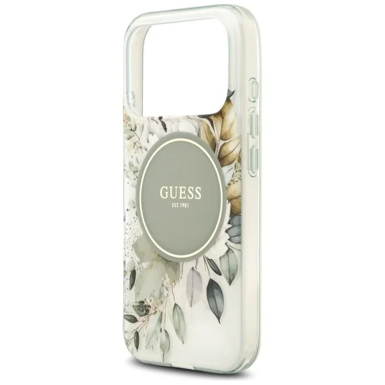 Калъф за iPhone 18 Pro / iPhone 17 Pro - IML Flowers with Pearl Strap MagSafe - Guess - Зелен