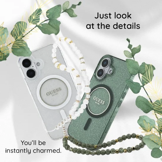 Калъф за iPhone 18 Pro / iPhone 17 Pro - IML Flowers with Pearl Strap MagSafe - Guess - Зелен