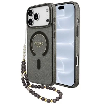 Калъф за iPhone 18 Pro / iPhone 17 Pro - IML Glitter with Pearl Strap MagSafe - Guess - Черен
