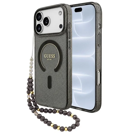 Калъф за iPhone 18 Pro / iPhone 17 Pro - IML Glitter with Pearl Strap MagSafe - Guess - Черен