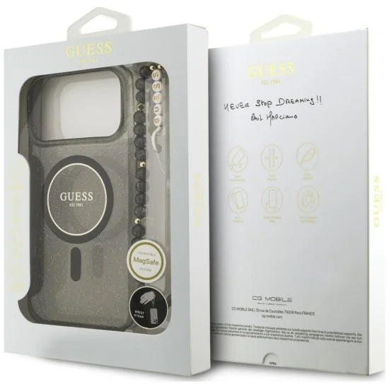 Калъф за iPhone 18 Pro / iPhone 17 Pro - IML Glitter with Pearl Strap MagSafe - Guess - Черен
