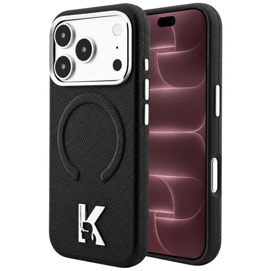 Калъф за телефон за iPhone 18 Pro Max / iPhone 17 Pro Max Grained Leather Embossed Ring MagSafe (KLHMP18X6PWBKECK) - Karl Lagerfeld - Черен