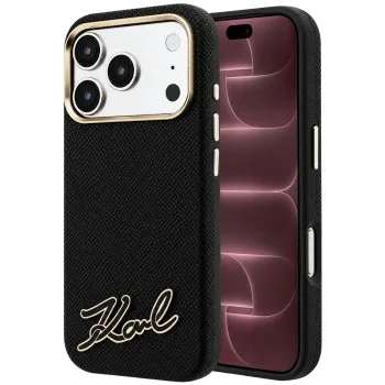 Калъф за телефон за iPhone 18 Pro Max / iPhone 17 Pro Max Grained Leather Resin Sign Logo MagSafe (KLHMP18X6PWKSRSK) - Karl Lagerfeld - Черен