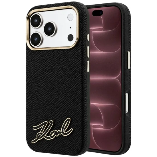 Калъф за телефон за iPhone 18 Pro Max / iPhone 17 Pro Max Grained Leather Resin Sign Logo MagSafe (KLHMP18X6PWKSRSK) - Karl Lagerfeld - Черен