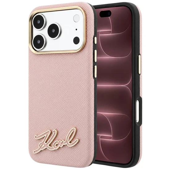 Калъф за телефон за iPhone 18 Pro Max / iPhone 17 Pro Max Grained Leather Resin Sign Logo MagSafe (KLHMP18X6PWKSRSP) - Karl Lagerfeld - Розов