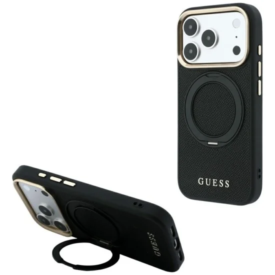 Калъф за телефон за iPhone 18 Pro Max / iPhone 17 Pro Max Grained Leather Ring Stand 360 Classic MagSafe (GUHMP18X6PSGRSCLK) - Guess - Черен