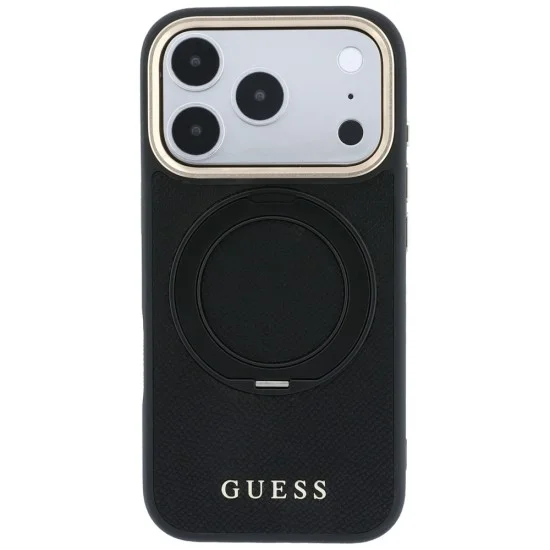 Калъф за телефон за iPhone 18 Pro Max / iPhone 17 Pro Max Grained Leather Ring Stand 360 Classic MagSafe (GUHMP18X6PSGRSCLK) - Guess - Черен