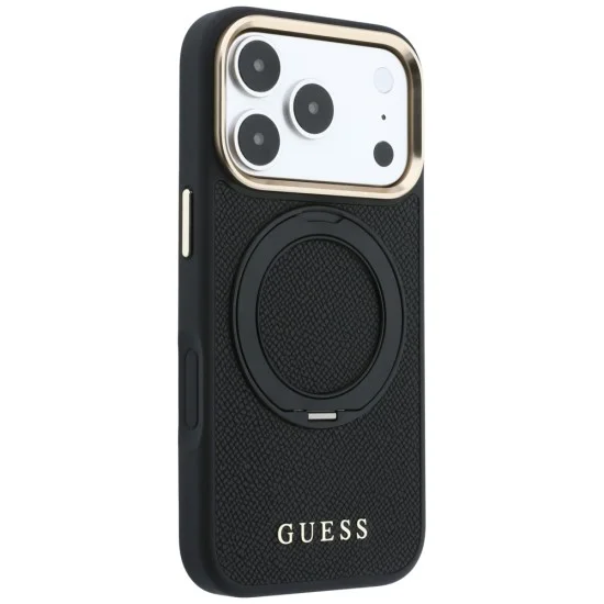 Калъф за телефон за iPhone 18 Pro Max / iPhone 17 Pro Max Grained Leather Ring Stand 360 Classic MagSafe (GUHMP18X6PSGRSCLK) - Guess - Черен
