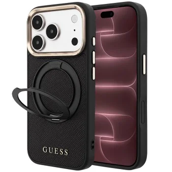 Калъф за телефон за iPhone 18 Pro Max / iPhone 17 Pro Max Grained Leather Ring Stand 360 Classic MagSafe (GUHMP18X6PSGRSCLK) - Guess - Черен