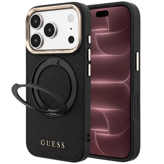 Калъф за телефон за iPhone 18 Pro Max / iPhone 17 Pro Max Grained Leather Ring Stand 360 Classic MagSafe (GUHMP18X6PSGRSCLK) - Guess - Черен