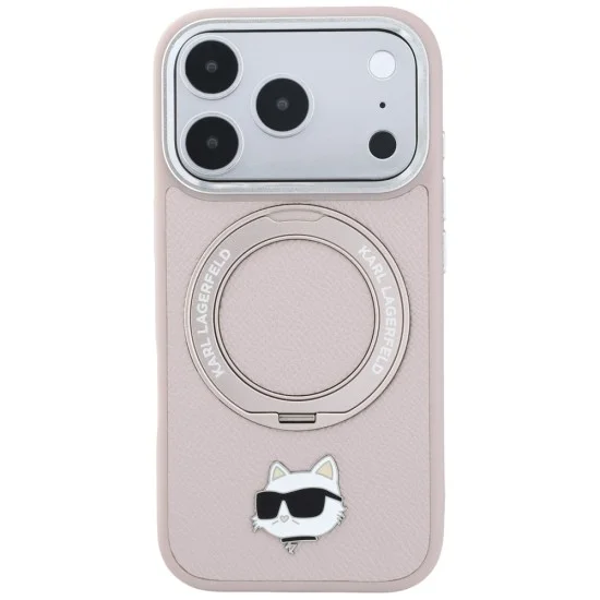 Калъф за телефон за iPhone 18 Pro Max / iPhone 17 Pro Max Leather Ring Stand 360 C Pin MagSafe (KLHMP18XPSRSCHHP) - Karl Lagerfeld - Розов