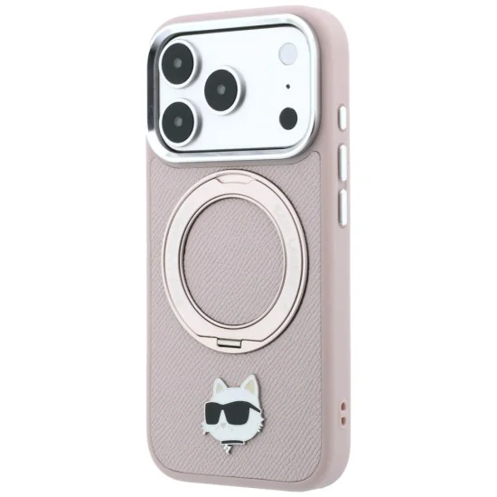 Калъф за телефон за iPhone 18 Pro Max / iPhone 17 Pro Max Leather Ring Stand 360 C Pin MagSafe (KLHMP18XPSRSCHHP) - Karl Lagerfeld - Розов