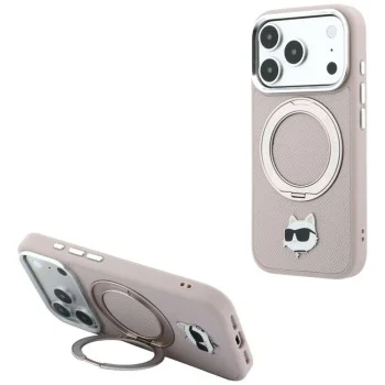 Калъф за телефон за iPhone 18 Pro Max / iPhone 17 Pro Max Leather Ring Stand 360 C Pin MagSafe (KLHMP18XPSRSCHHP) - Karl Lagerfeld - Розов