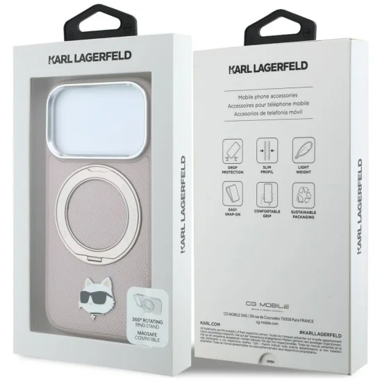 Калъф за телефон за iPhone 18 Pro Max / iPhone 17 Pro Max Leather Ring Stand 360 C Pin MagSafe (KLHMP18XPSRSCHHP) - Karl Lagerfeld - Розов