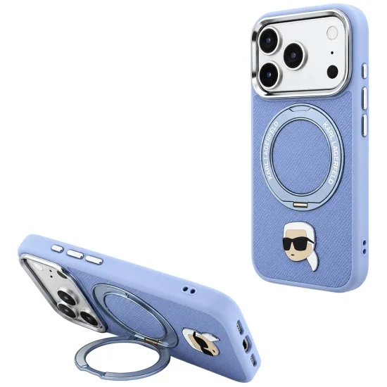 Калъф за телефон за iPhone 18 Pro Max / iPhone 17 Pro Max Leather Ring Stand 360 K Pin MagSafe (KLHMP18XPSRSKLHB) - Karl Lagerfeld - Светлосин