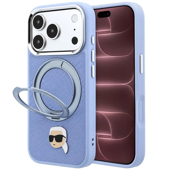 Калъф за телефон за iPhone 18 Pro Max / iPhone 17 Pro Max Leather Ring Stand 360 K Pin MagSafe (KLHMP18XPSRSKLHB) - Karl Lagerfeld - Светлосин