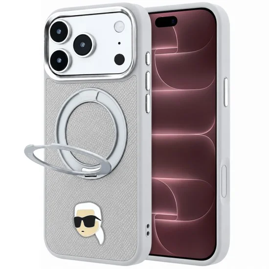 Калъф за телефон за iPhone 18 Pro Max / iPhone 17 Pro Max Leather Ring Stand 360 K Pin MagSafe (KLHMP18XPSRSKLHG) - Karl Lagerfeld - Сив